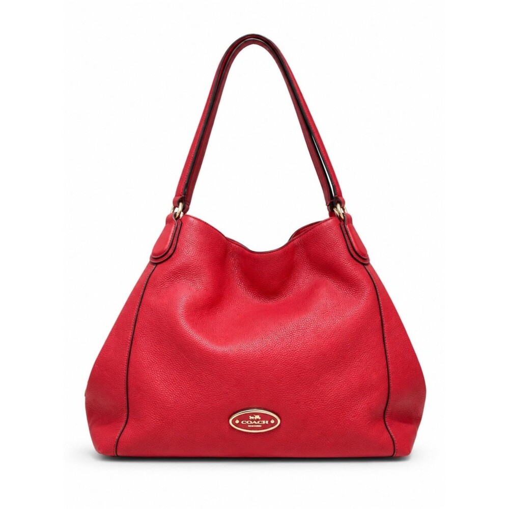 Coach Edie Pebbled Leather Shoulder Bag Red Large Hobo Tote Turnlock Zip Purse